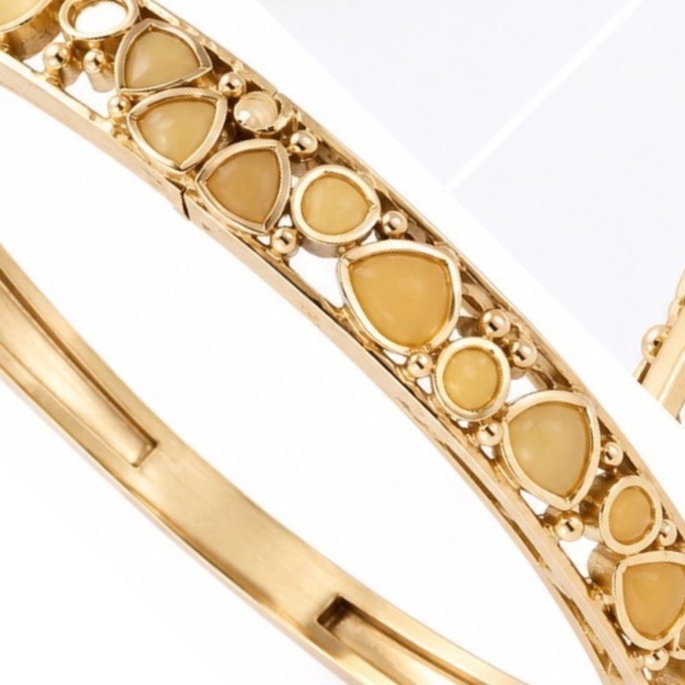 Gold Tone Yellow Lavender Stone Hinged Bangle Bracelet Openwork Teardrop Ornate